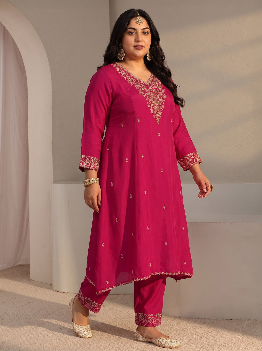 Plus Size Pink Embroidered Chanderi Silk A-Line Suit Set With Dupatta