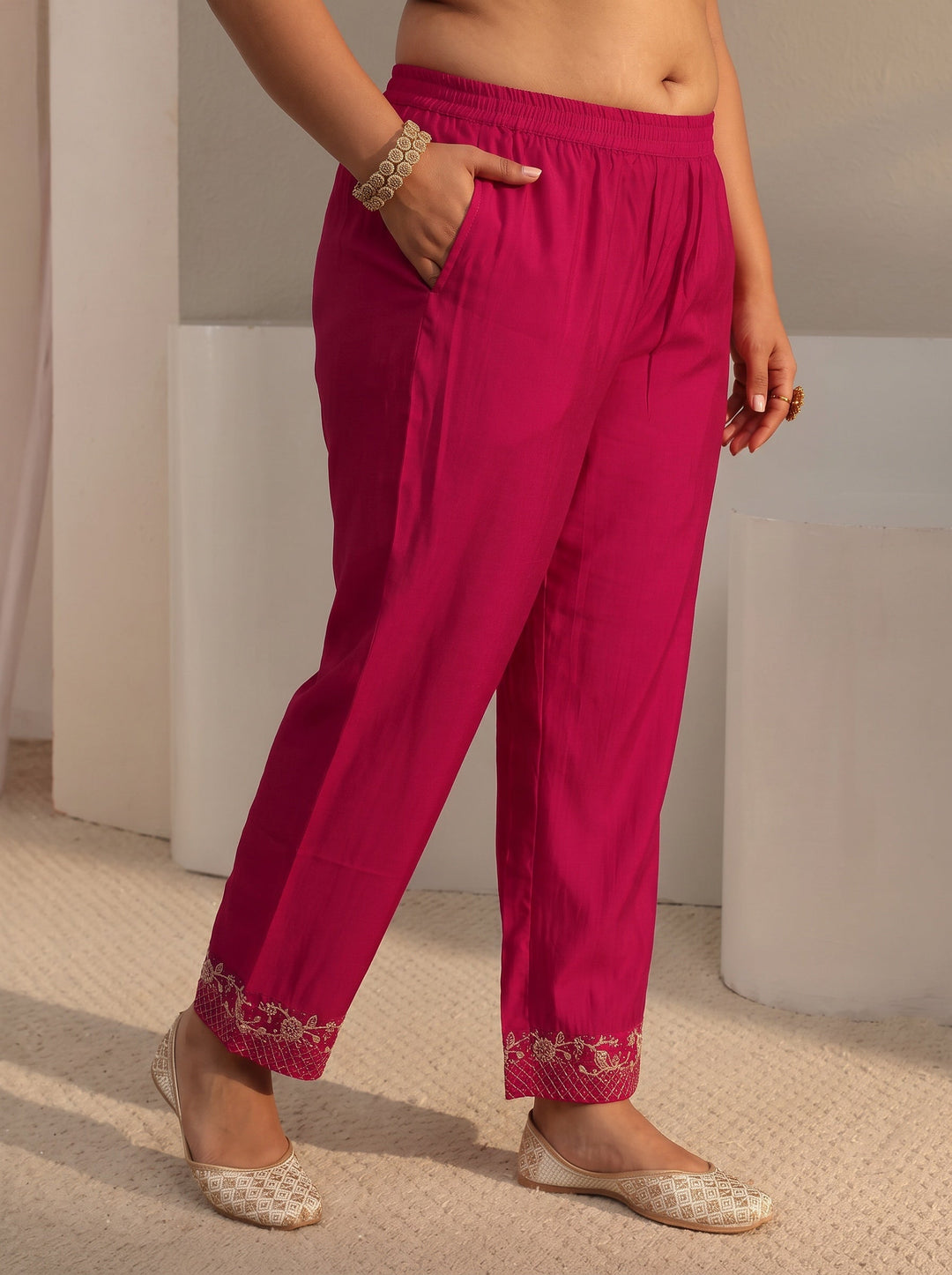 Plus Size Pink Embroidered Chanderi Silk A-Line Suit Set With Dupatta