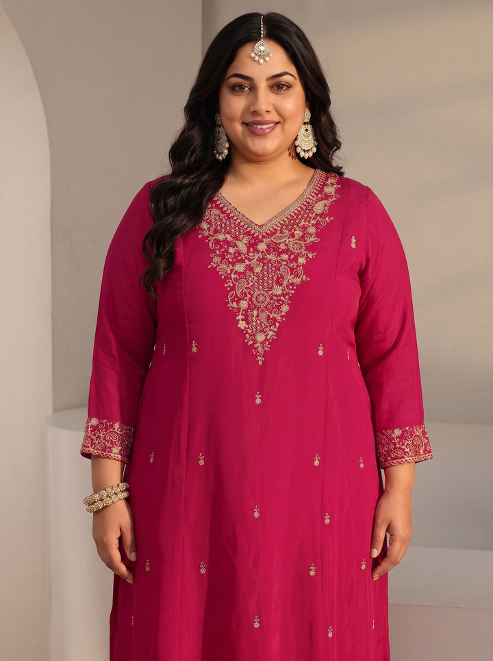 Plus Size Pink Embroidered Chanderi Silk A-Line Suit Set With Dupatta