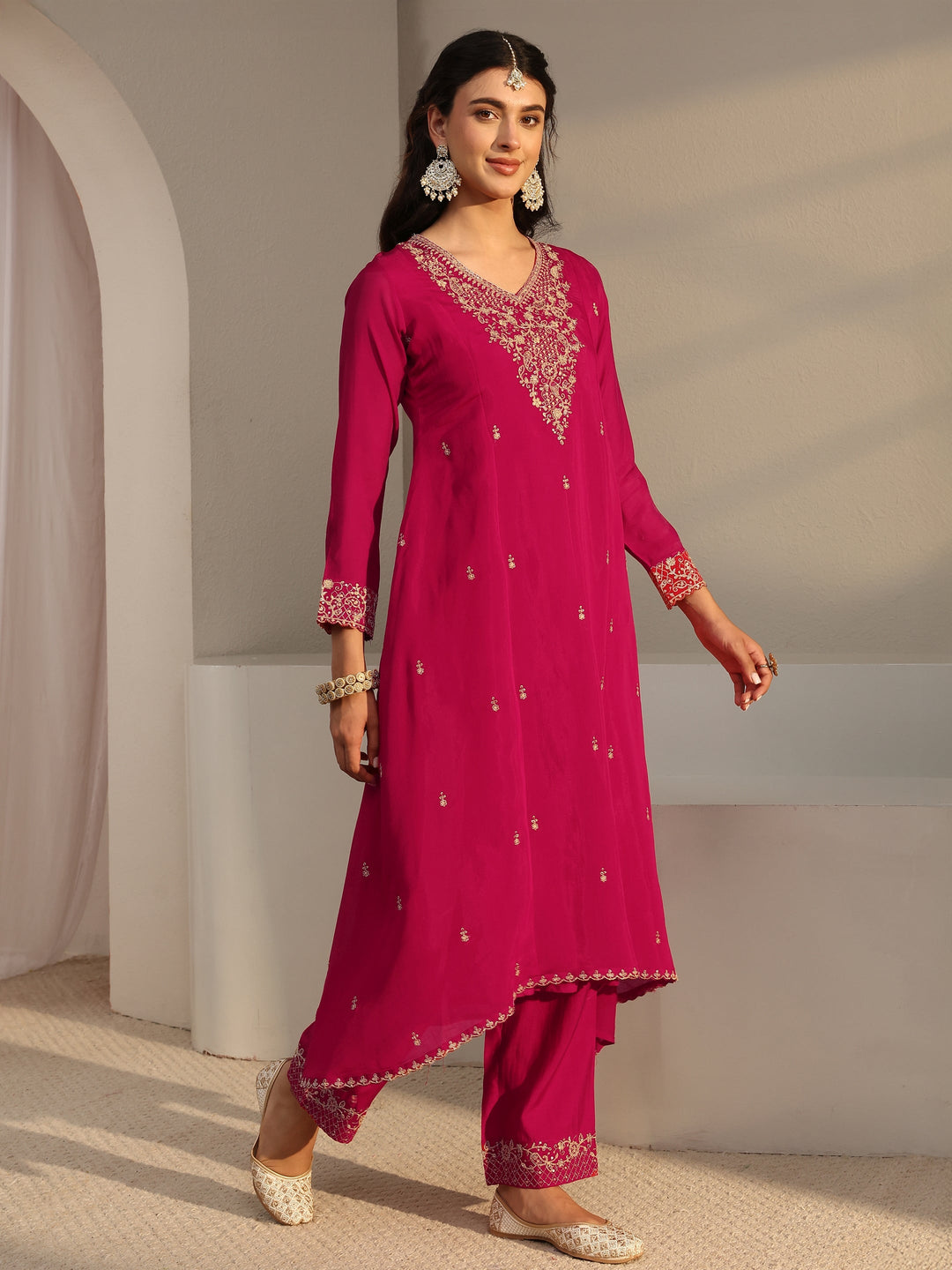 Pink Embroidered Chanderi Silk A-Line Suit Set With Dupatta