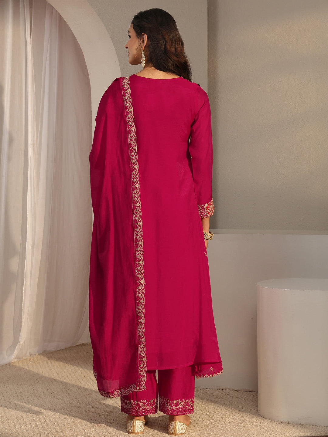 Pink Embroidered Chanderi Silk A-Line Suit Set With Dupatta