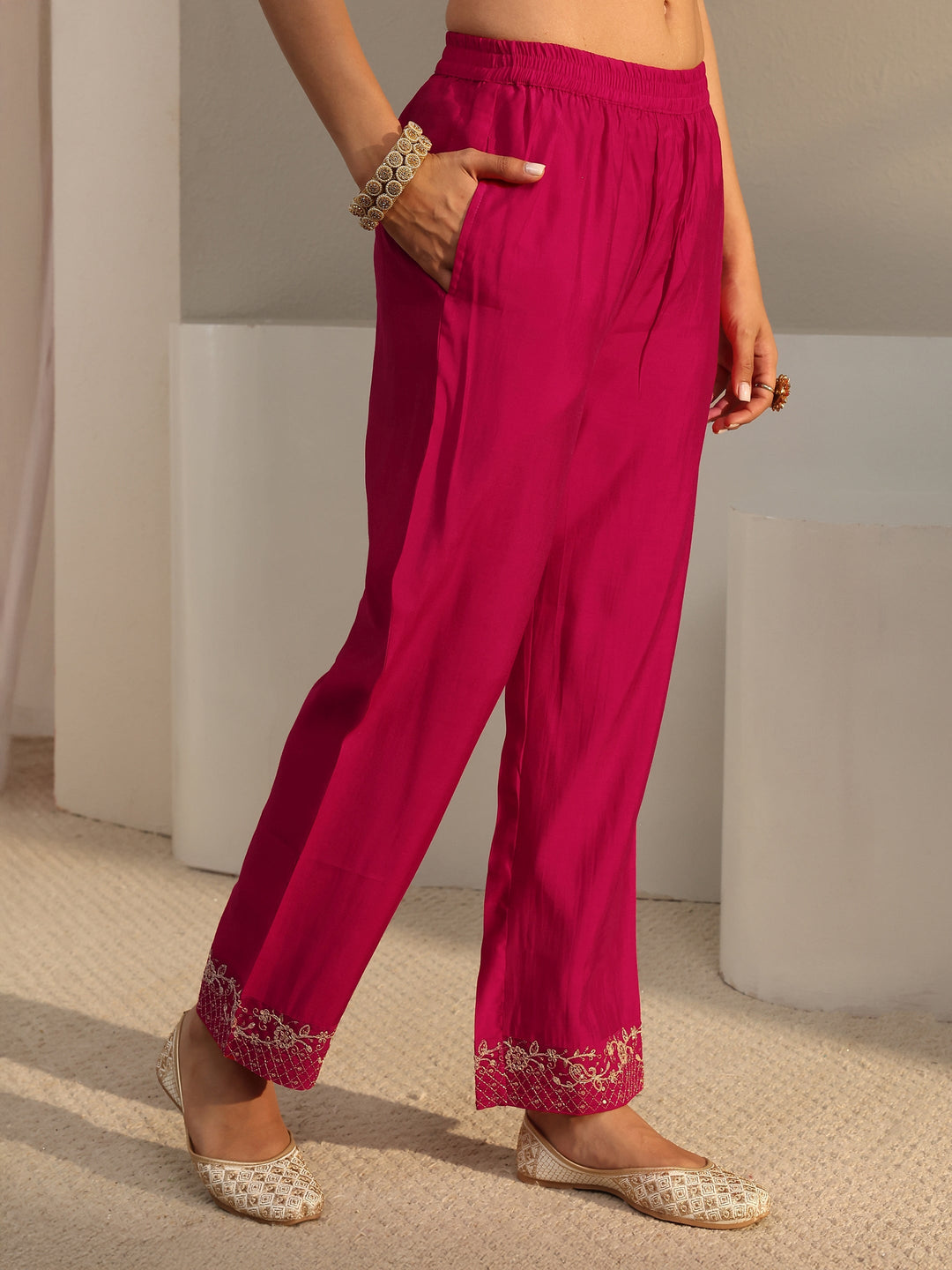Pink Embroidered Chanderi Silk A-Line Suit Set With Dupatta