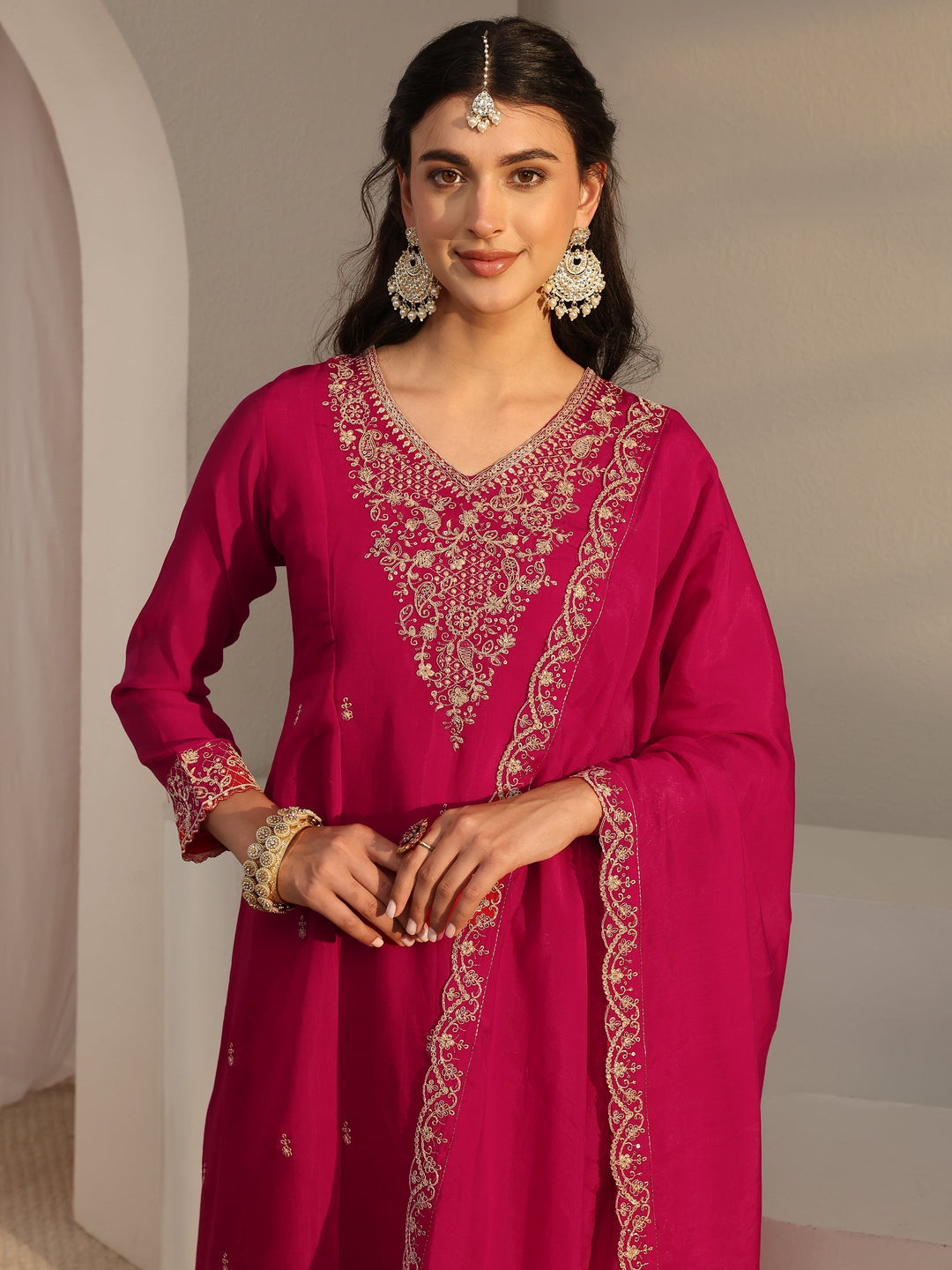 Pink Embroidered Chanderi Silk A-Line Suit Set With Dupatta