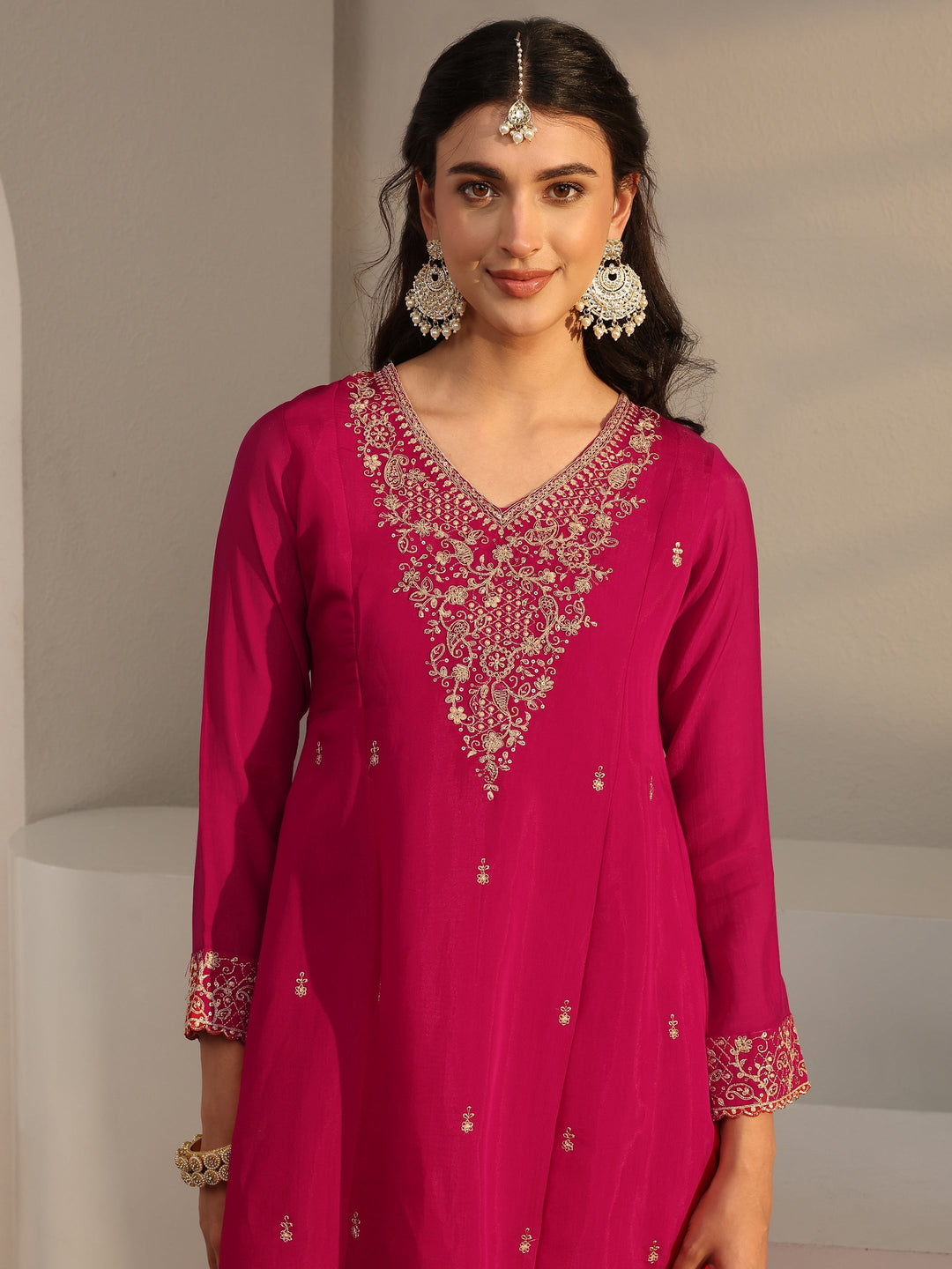 Pink Embroidered Chanderi Silk A-Line Suit Set With Dupatta