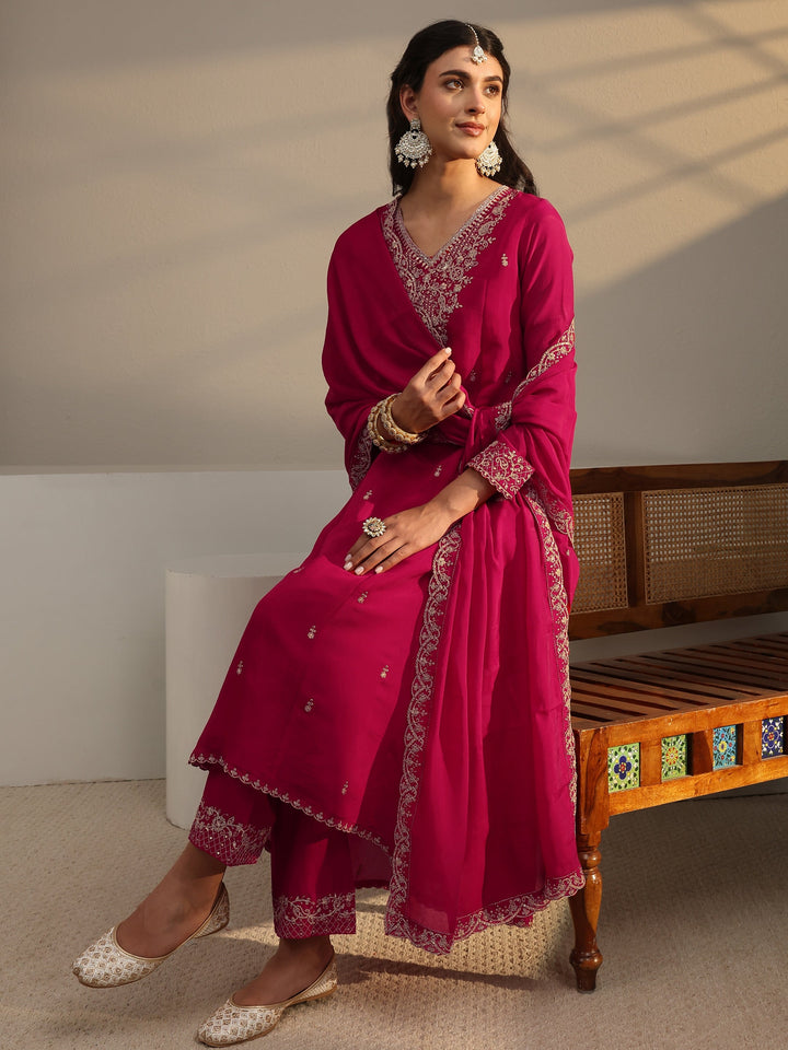 Pink Embroidered Chanderi Silk A-Line Suit Set With Dupatta