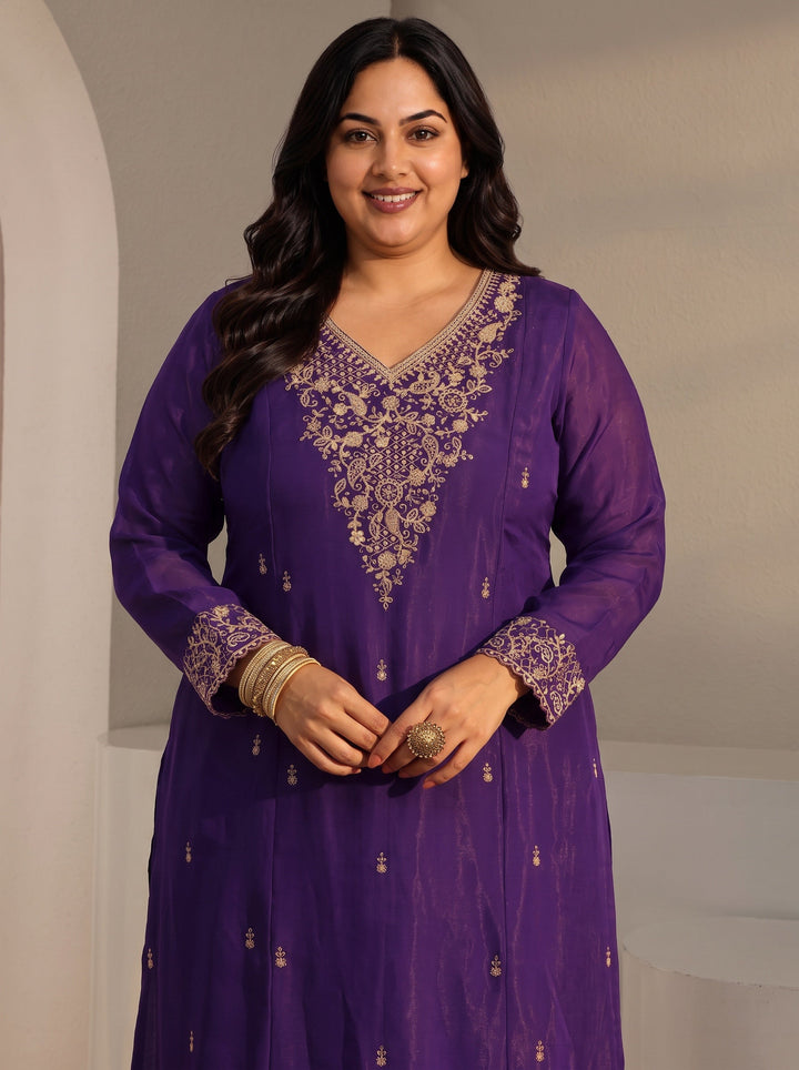 Plus Size Purple Embroidered Chanderi Silk A-Line Suit Set With Dupatta