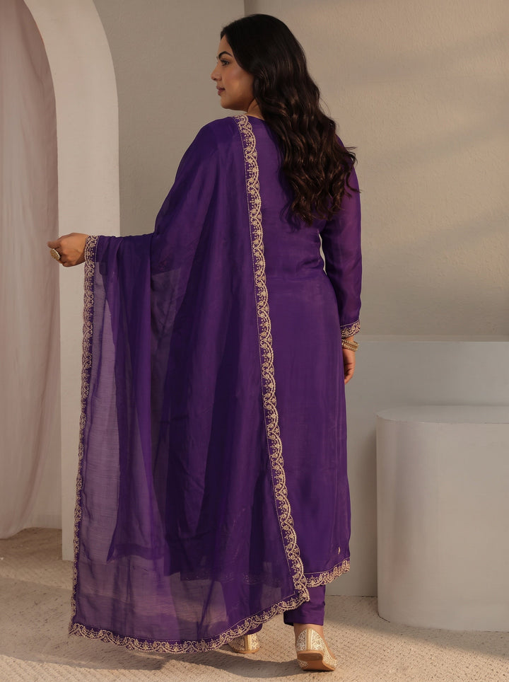 Plus Size Purple Embroidered Chanderi Silk A-Line Suit Set With Dupatta