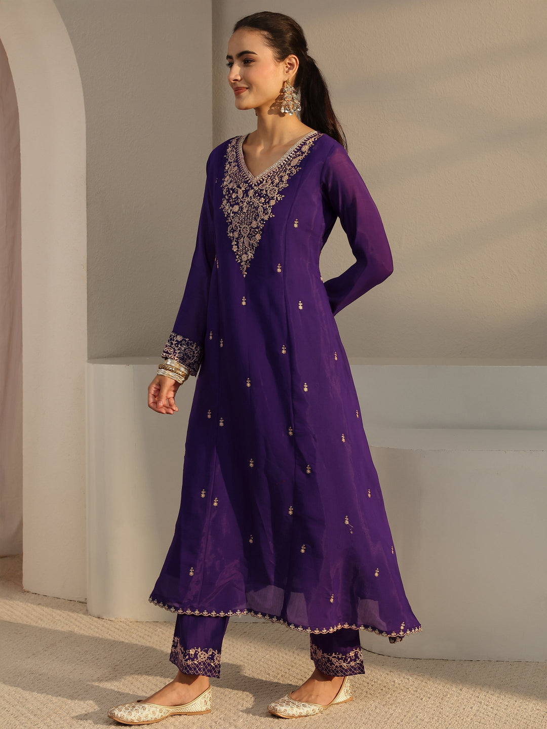 Purple Embroidered Chanderi Silk A-Line Suit Set With Dupatta