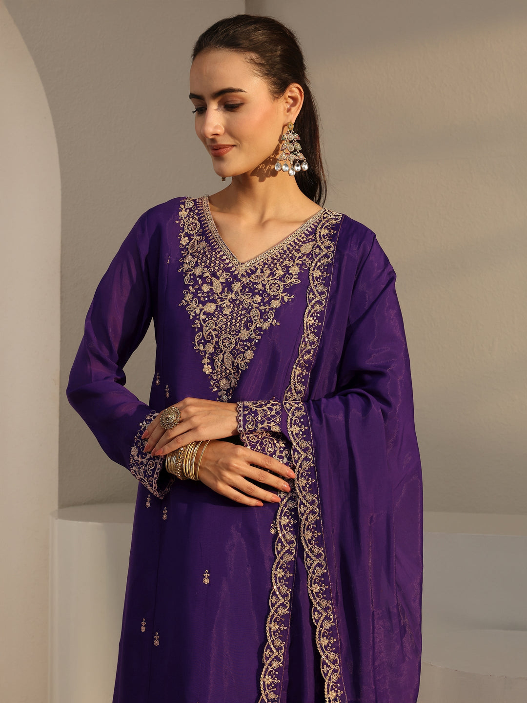 Purple Embroidered Chanderi Silk A-Line Suit Set With Dupatta