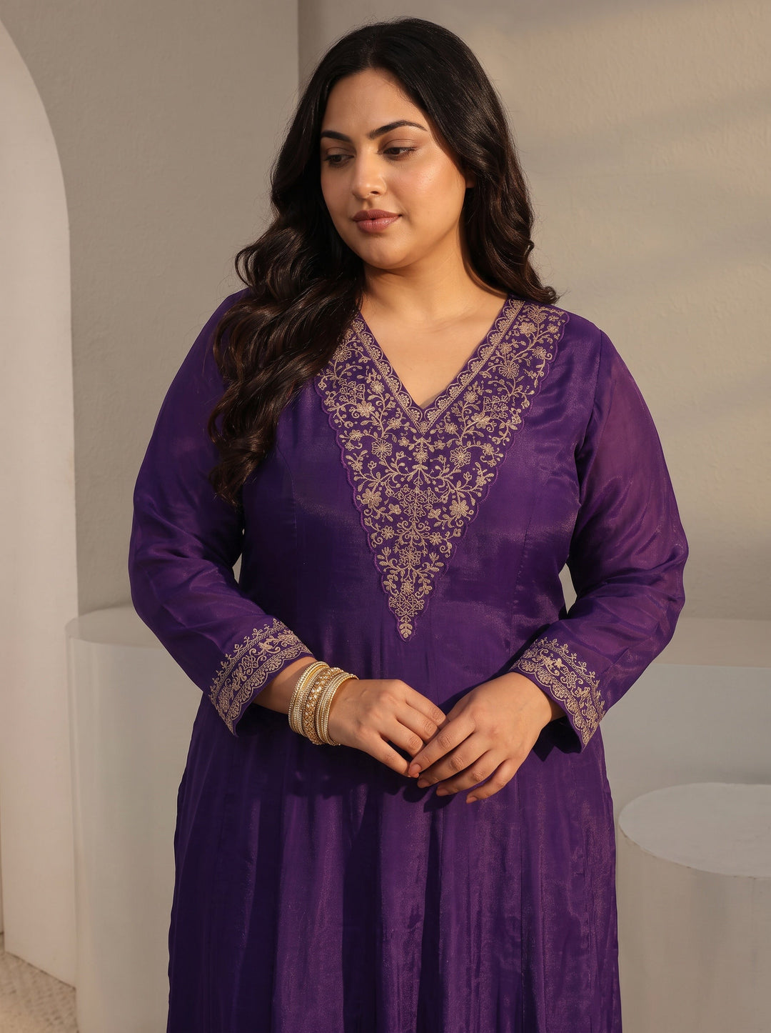 Plus Size Purple Floral Embroidered Chanderi Silk A-Line Suit Set With Dupatta