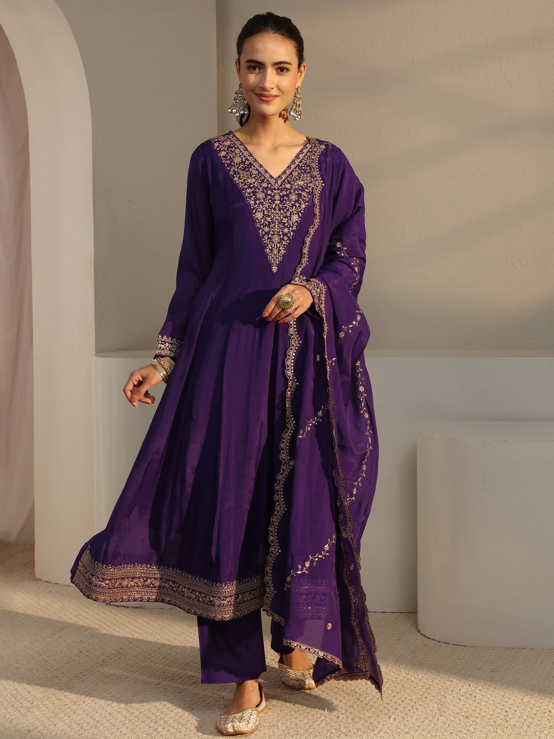 Purple Floral Embroidered Chanderi Silk A-Line Suit Set With Dupatta