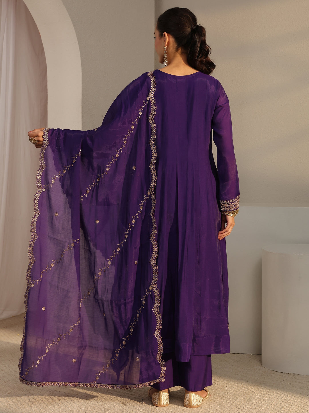 Purple Floral Embroidered Chanderi Silk A-Line Suit Set With Dupatta