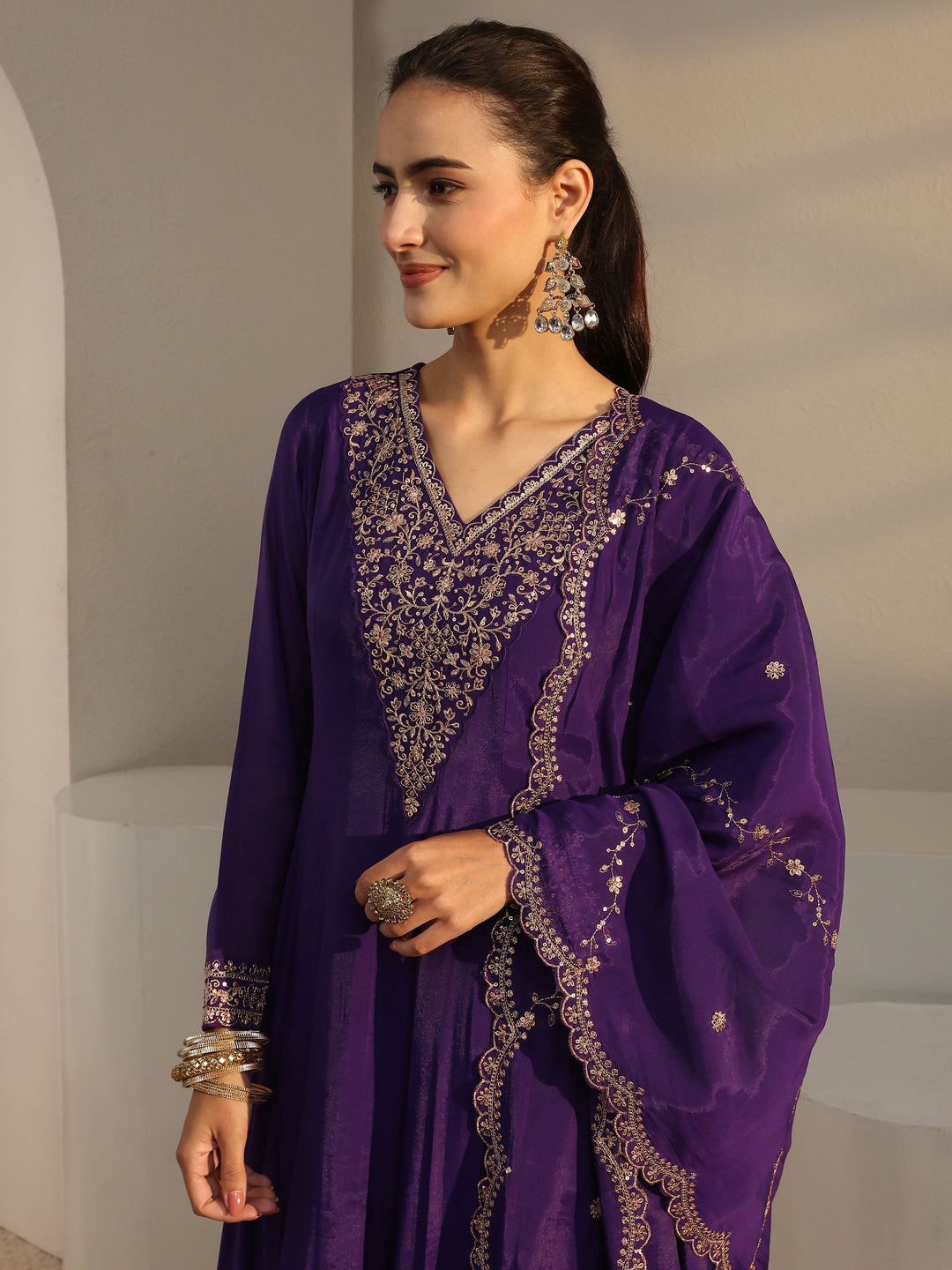 Purple Floral Embroidered Chanderi Silk A-Line Suit Set With Dupatta