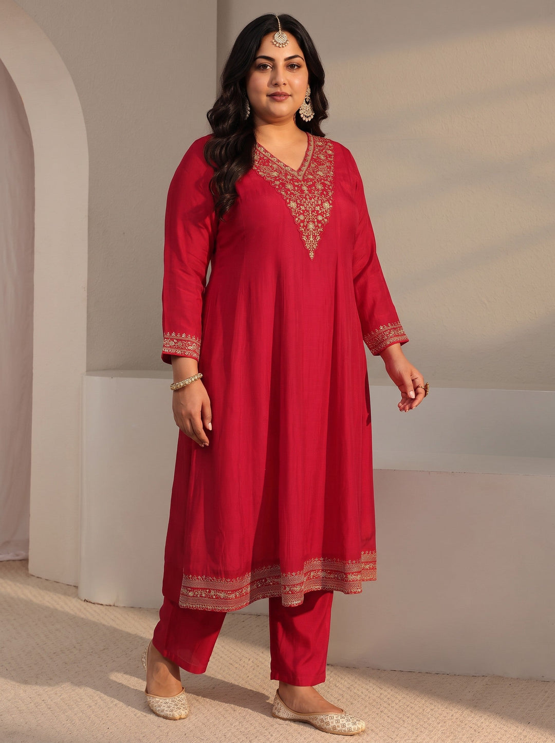 Plus Size Red Embroidered Chanderi Silk A-Line Suit Set With Dupatta