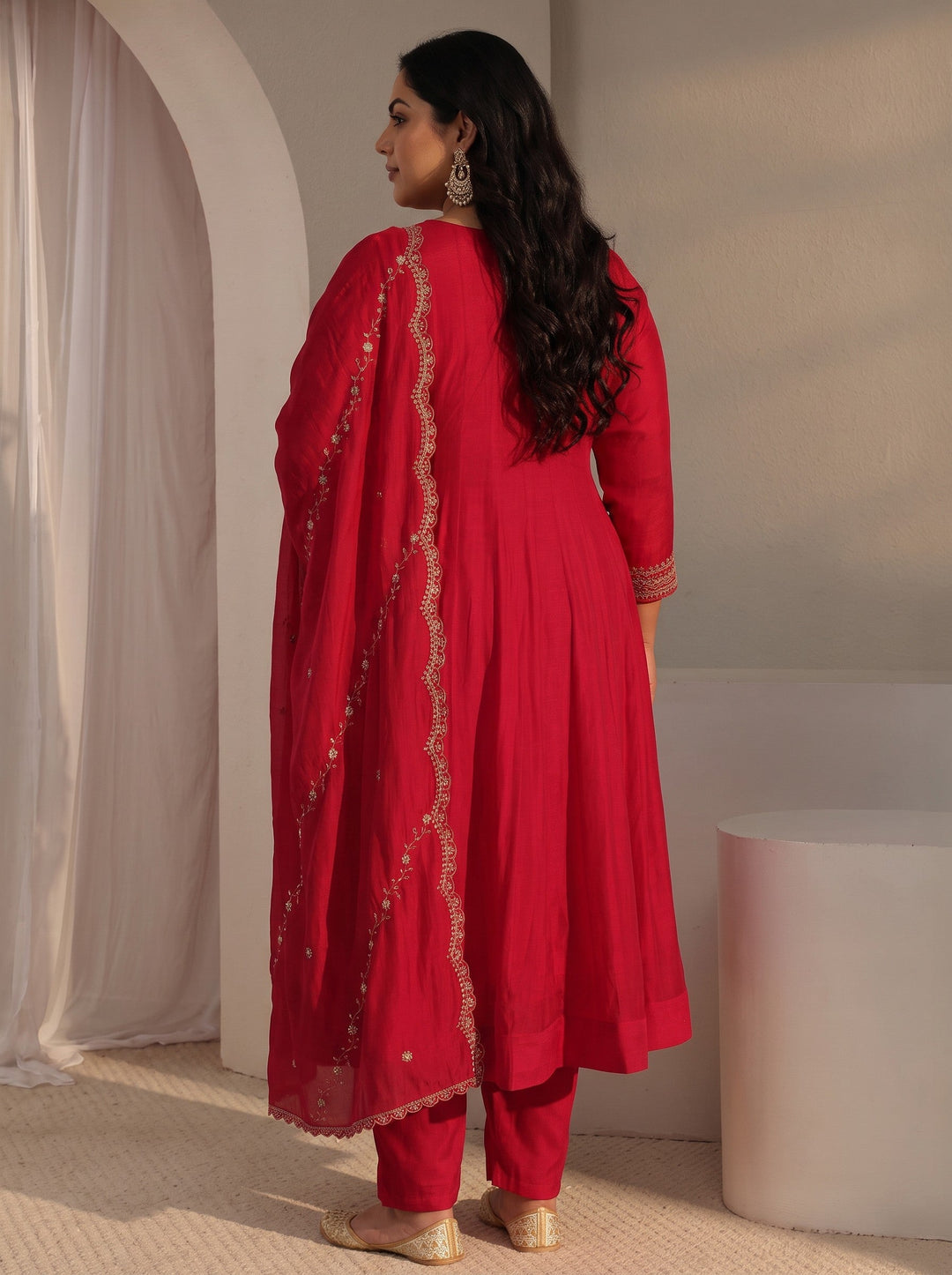Plus Size Red Embroidered Chanderi Silk A-Line Suit Set With Dupatta