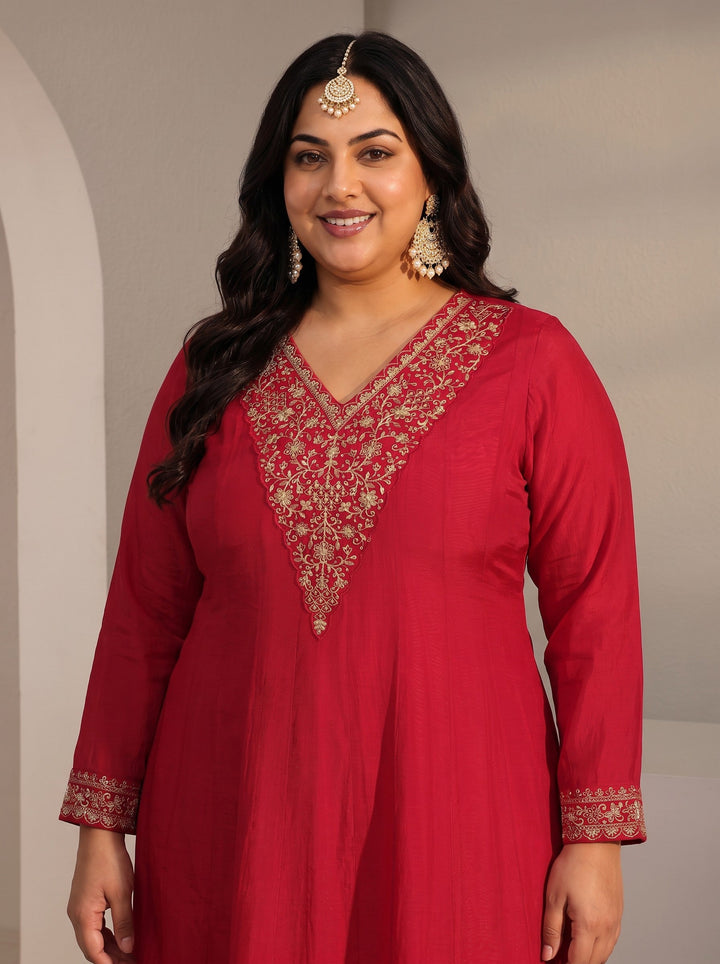 Plus Size Red Embroidered Chanderi Silk A-Line Suit Set With Dupatta