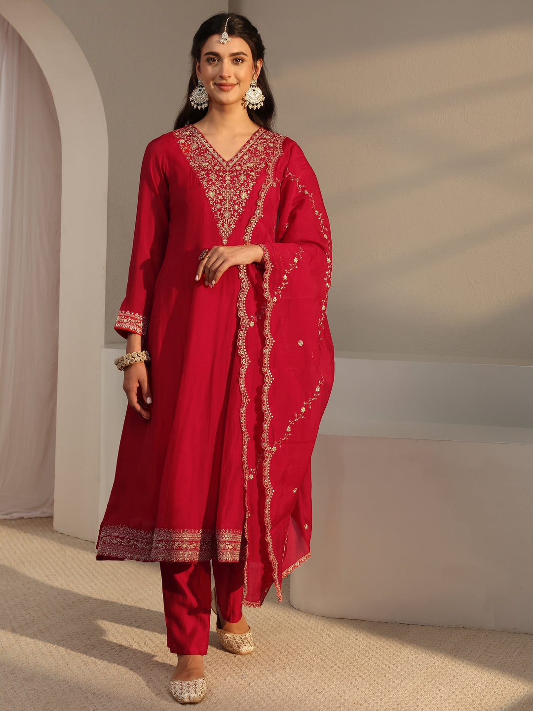Red Embroidered Chanderi Silk A-Line Suit Set With Dupatta