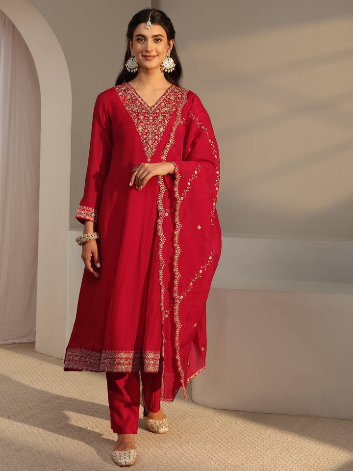 Red Embroidered Chanderi Silk A-Line Suit Set With Dupatta