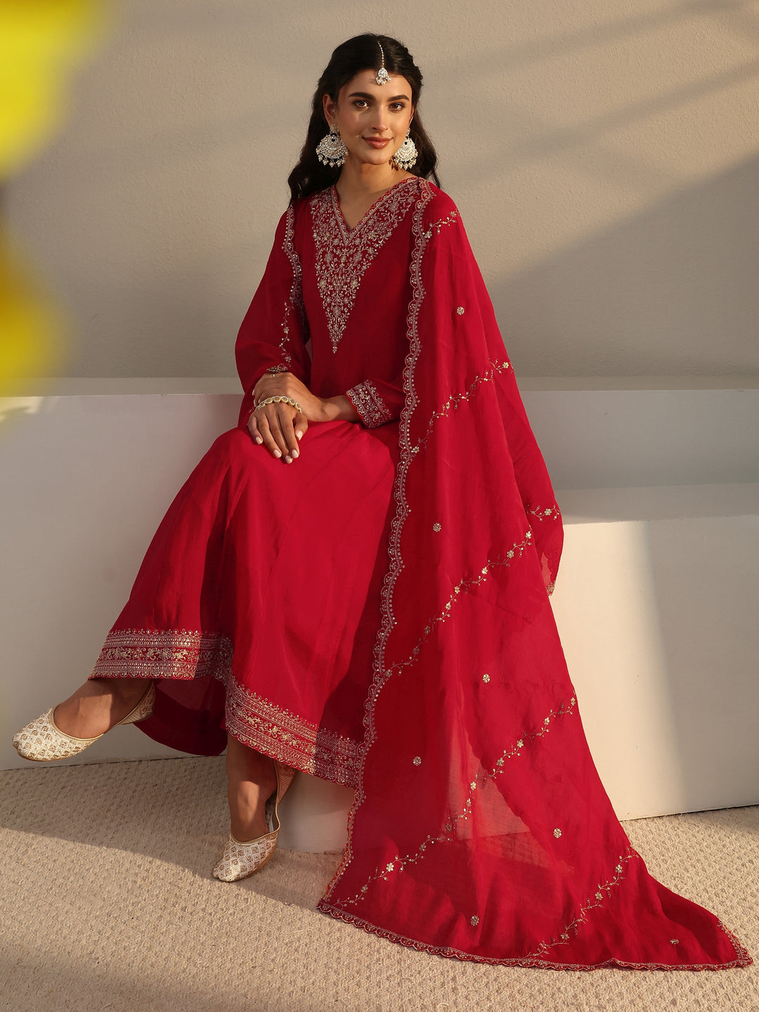 Red Embroidered Chanderi Silk A-Line Suit Set With Dupatta