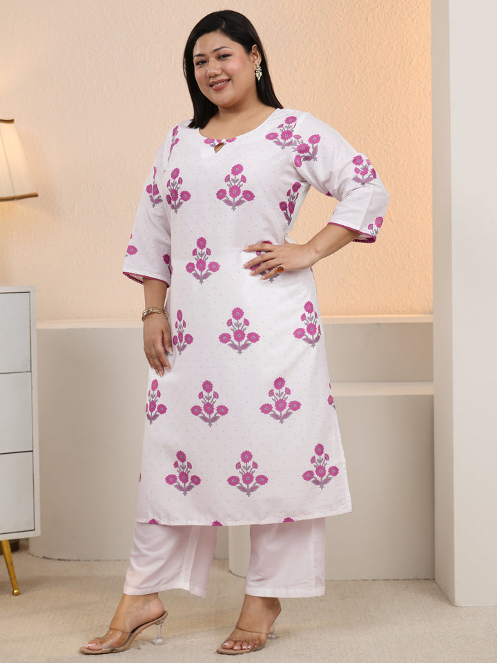 Plus Size White Floral Printed Cotton Blend Straight Suit Set With Dupatta