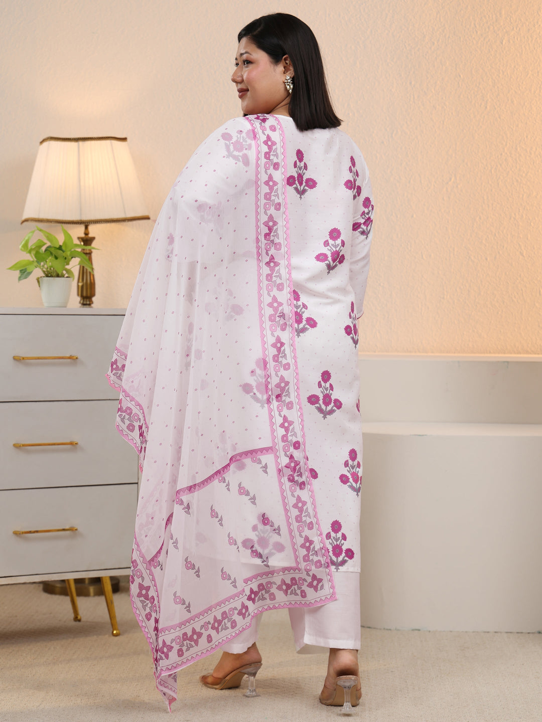 Plus Size White Floral Printed Cotton Blend Straight Suit Set With Dupatta