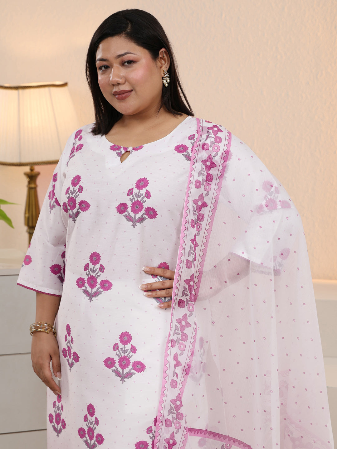 Plus Size White Floral Printed Cotton Blend Straight Suit Set With Dupatta
