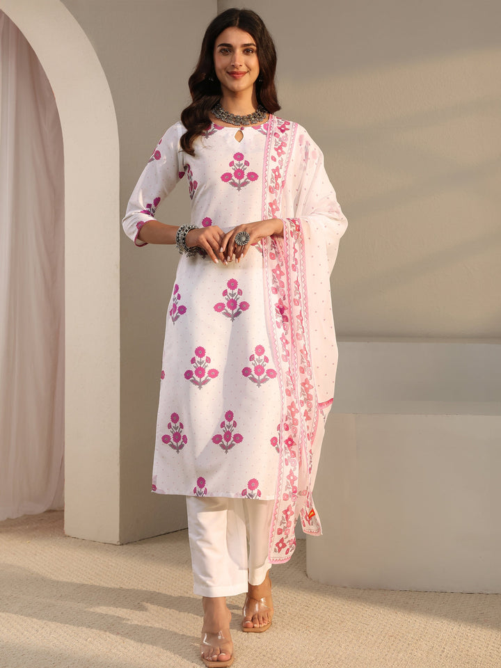 White Floral Printed Cotton Blend Straight Suit Set With Dupatta