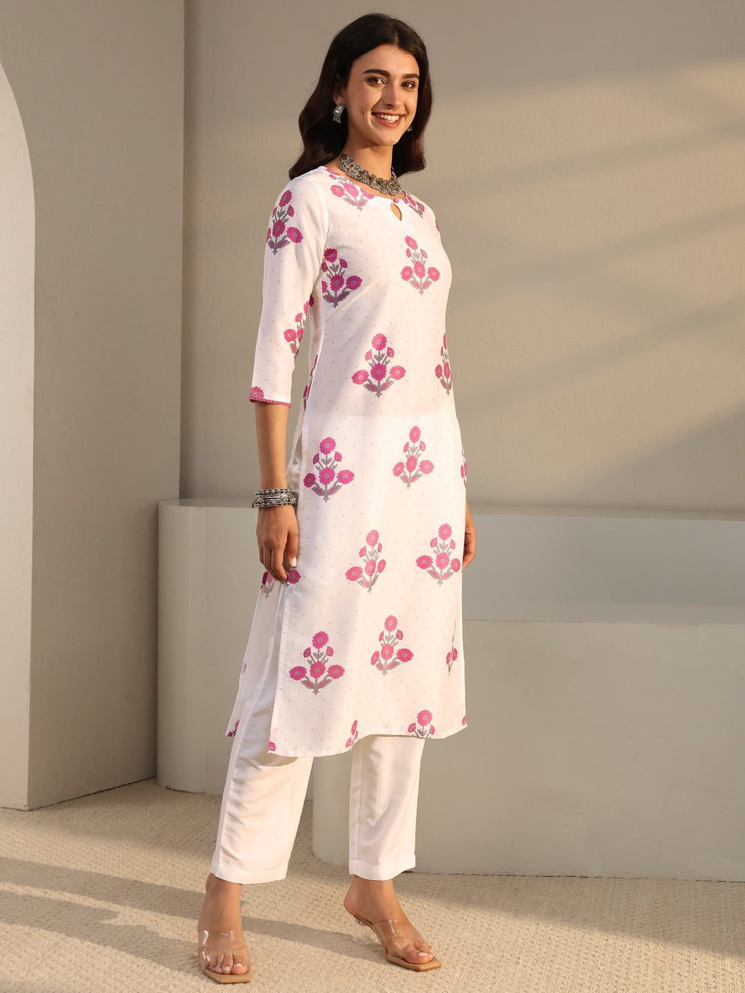White Floral Printed Cotton Blend Straight Suit Set With Dupatta