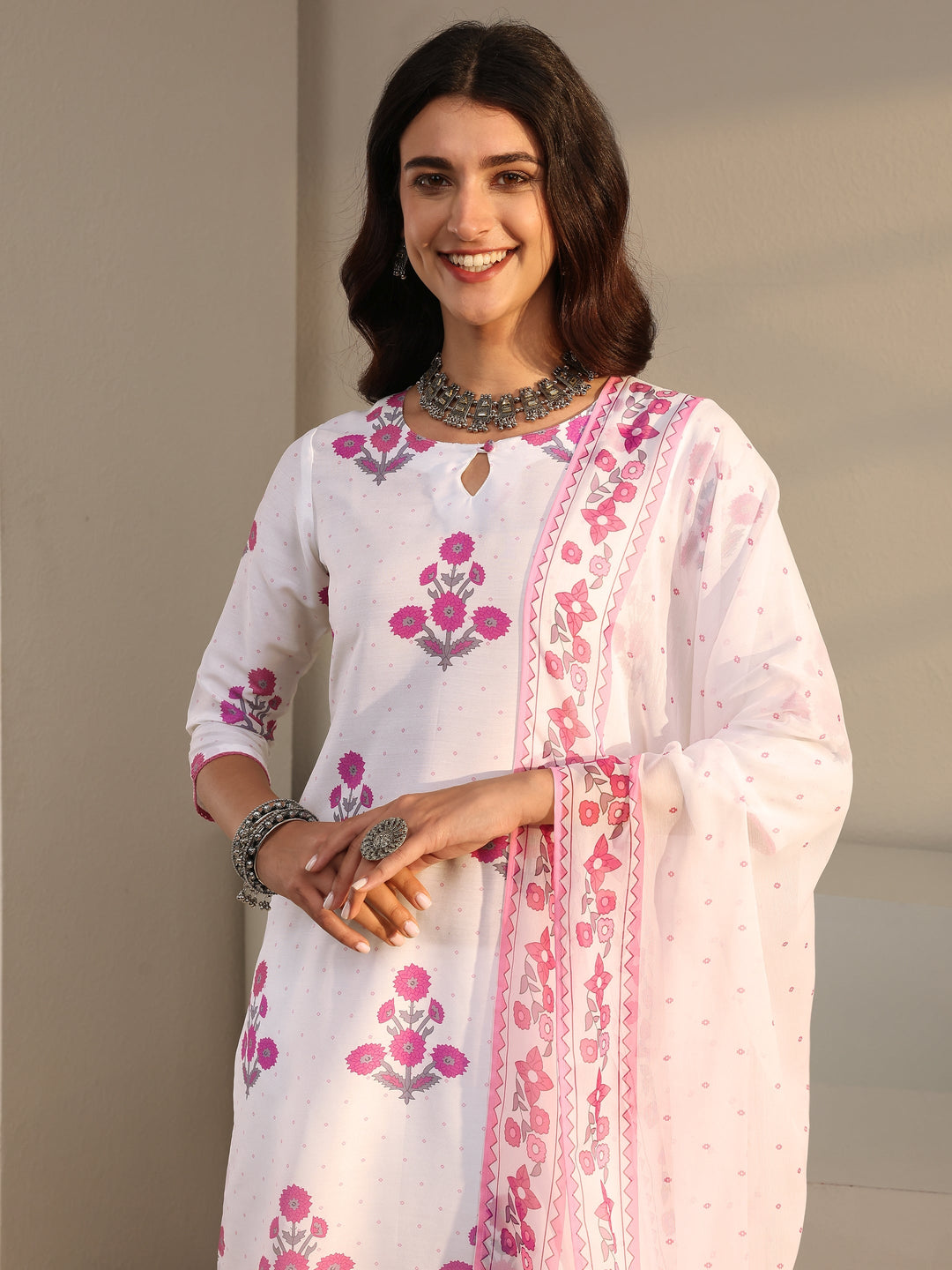 White Floral Printed Cotton Blend Straight Suit Set With Dupatta