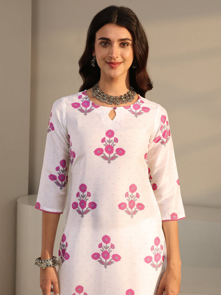 White Floral Printed Cotton Blend Straight Suit Set With Dupatta