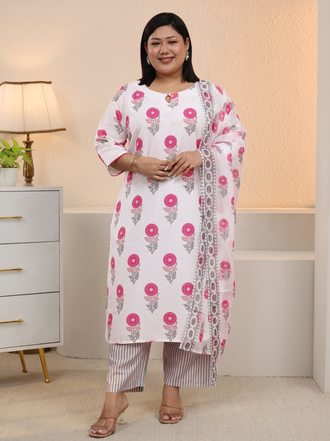 Plus Size White Floral Printed Cotton Blend Straight Suit Set With Dupatta