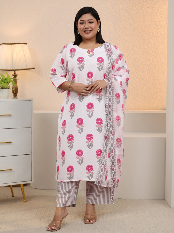 Plus Size White Floral Printed Cotton Blend Straight Suit Set With Dupatta