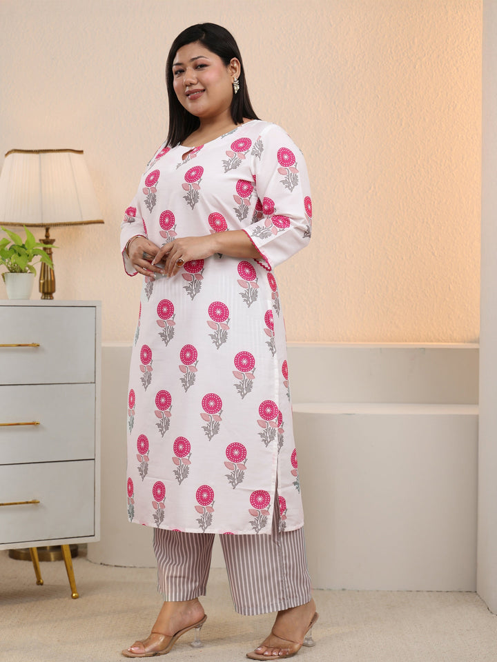 Plus Size White Floral Printed Cotton Blend Straight Suit Set With Dupatta