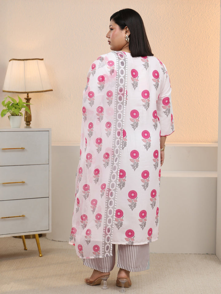 Plus Size White Floral Printed Cotton Blend Straight Suit Set With Dupatta