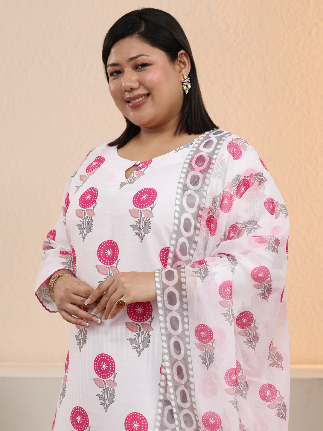 Plus Size White Floral Printed Cotton Blend Straight Suit Set With Dupatta