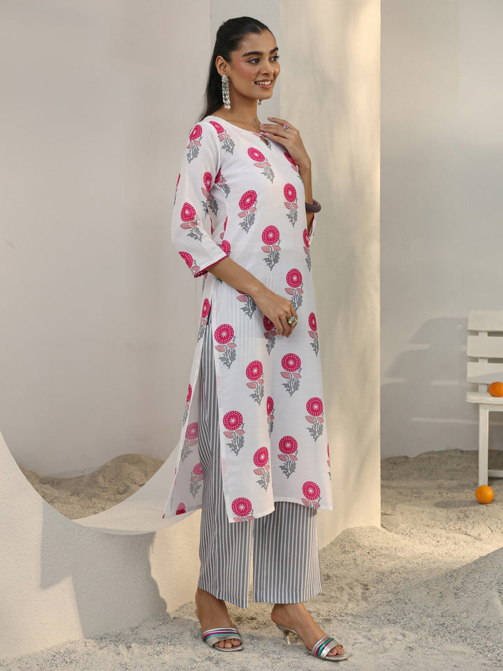White Floral Printed Cotton Blend Straight Suit Set With Dupatta