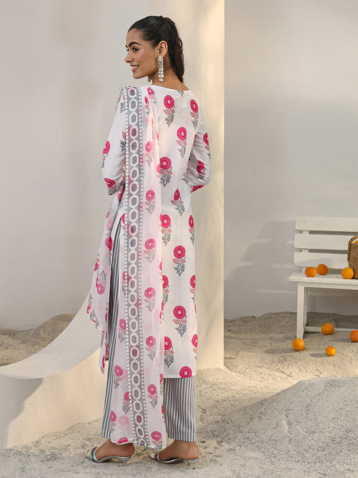 White Floral Printed Cotton Blend Straight Suit Set With Dupatta