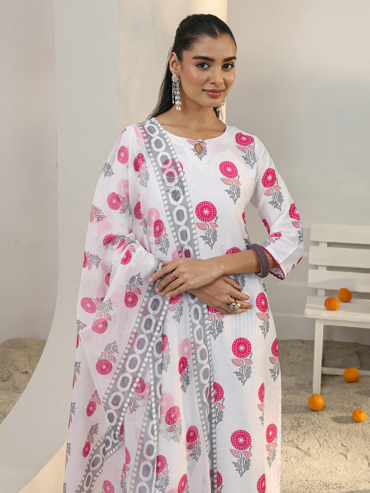 White Floral Printed Cotton Blend Straight Suit Set With Dupatta