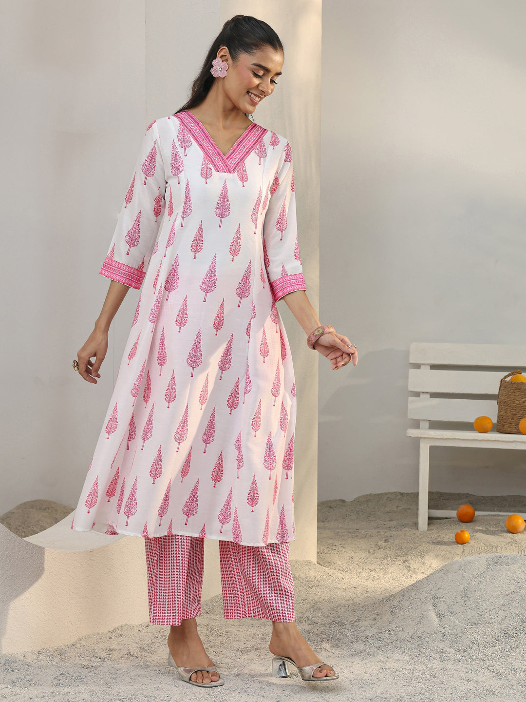 White Floral Printed Cotton Blend A-Line Suit Set With Dupatta