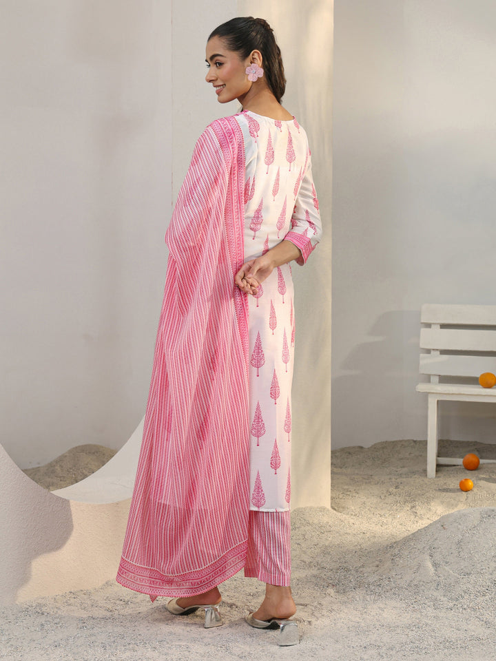 White Floral Printed Cotton Blend A-Line Suit Set With Dupatta