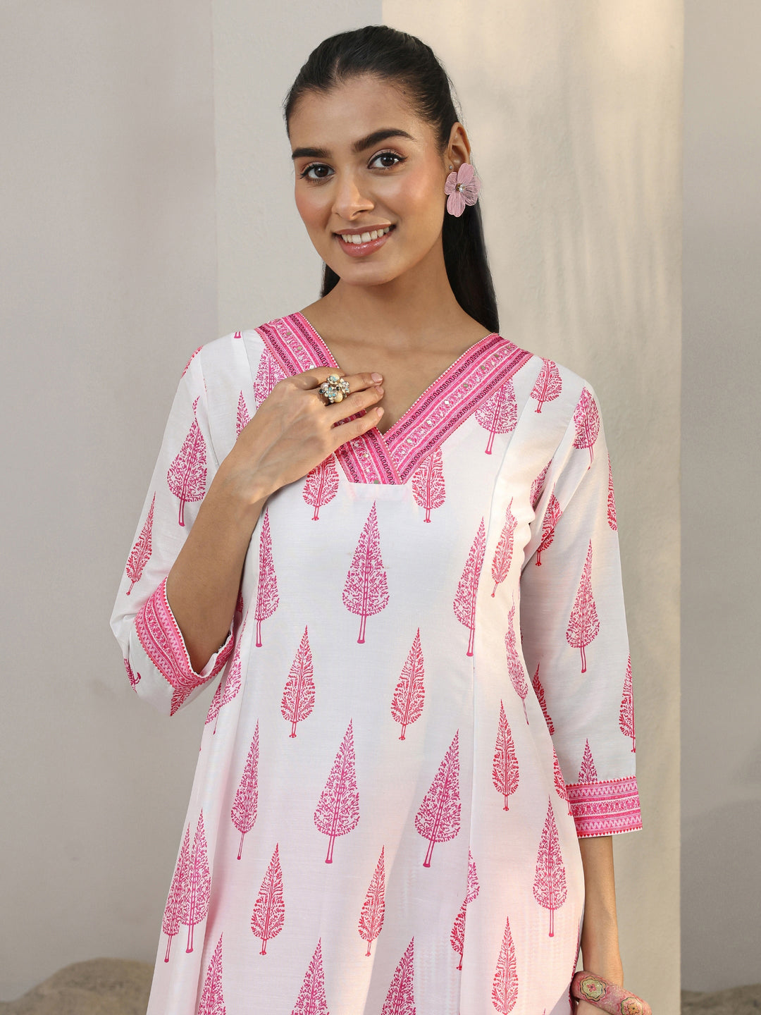 White Floral Printed Cotton Blend A-Line Suit Set With Dupatta