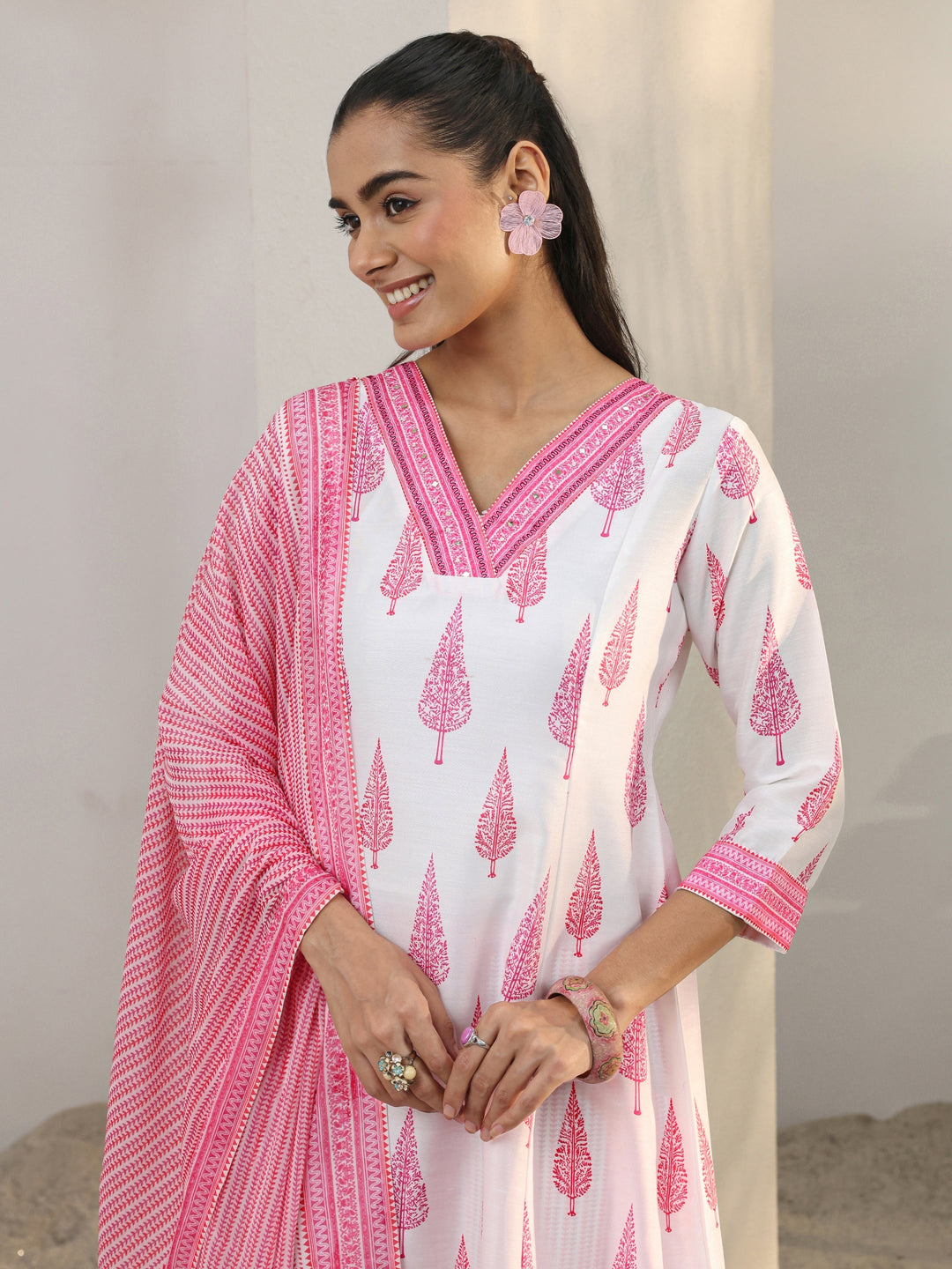 White Floral Printed Cotton Blend A-Line Suit Set With Dupatta