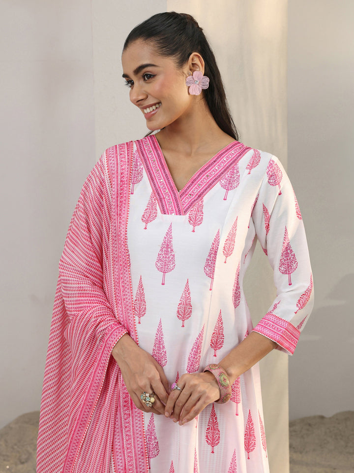 White Floral Printed Cotton Blend A-Line Suit Set With Dupatta