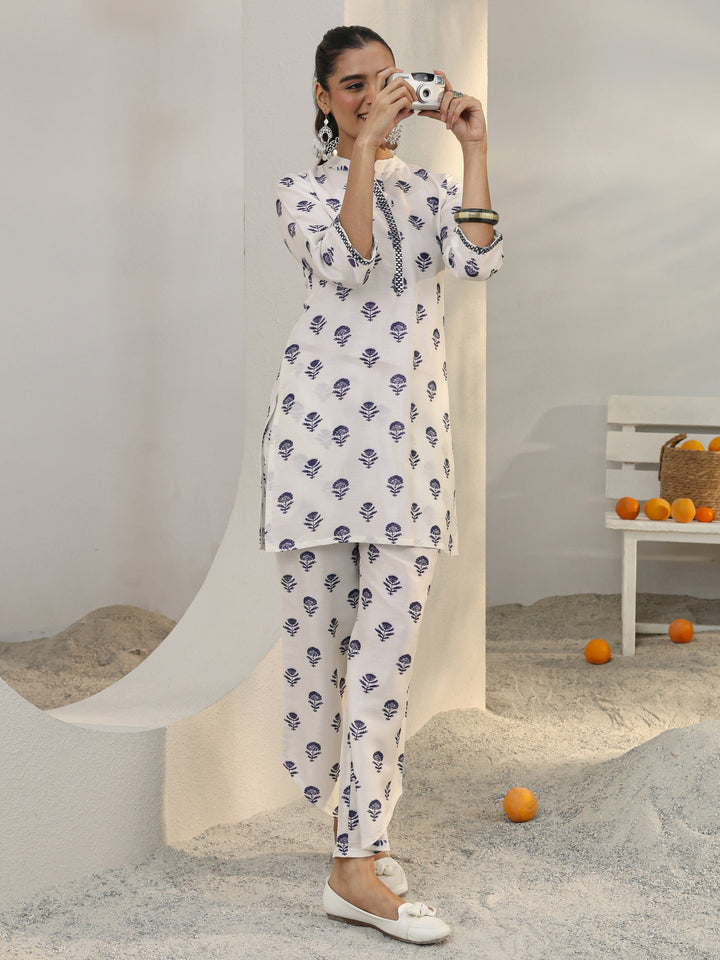 White Floral Printed Cotton Blend Co-Ord Set