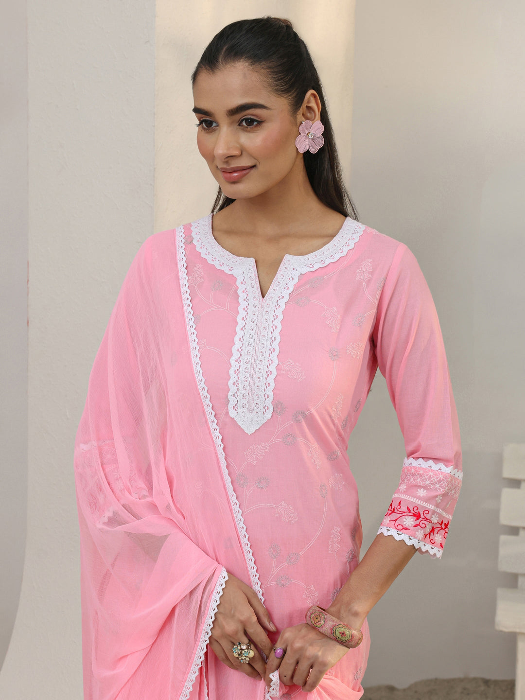 Pink Floral Embroidered Cotton Straight Suit Set With Dupatta