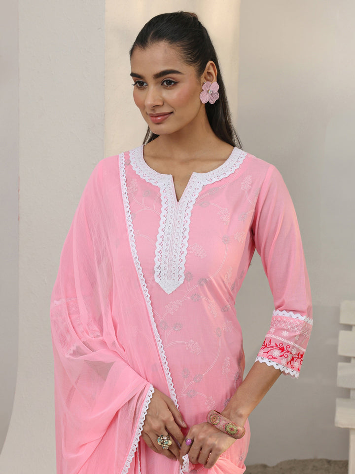 Pink Floral Embroidered Cotton Straight Suit Set With Dupatta