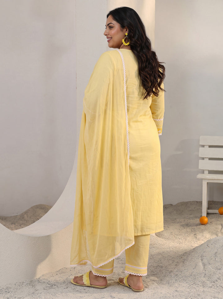 Plus Size Yellow Floral Embroidered Cotton Straight Suit Set With Dupatta