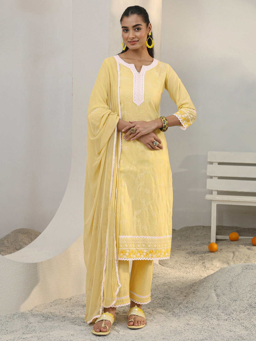 Yellow Floral Embroidered Cotton Straight Suit Set With Dupatta