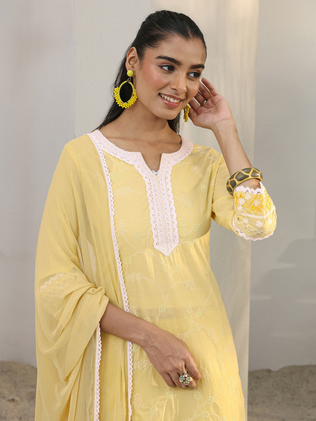 Yellow Floral Embroidered Cotton Straight Suit Set With Dupatta
