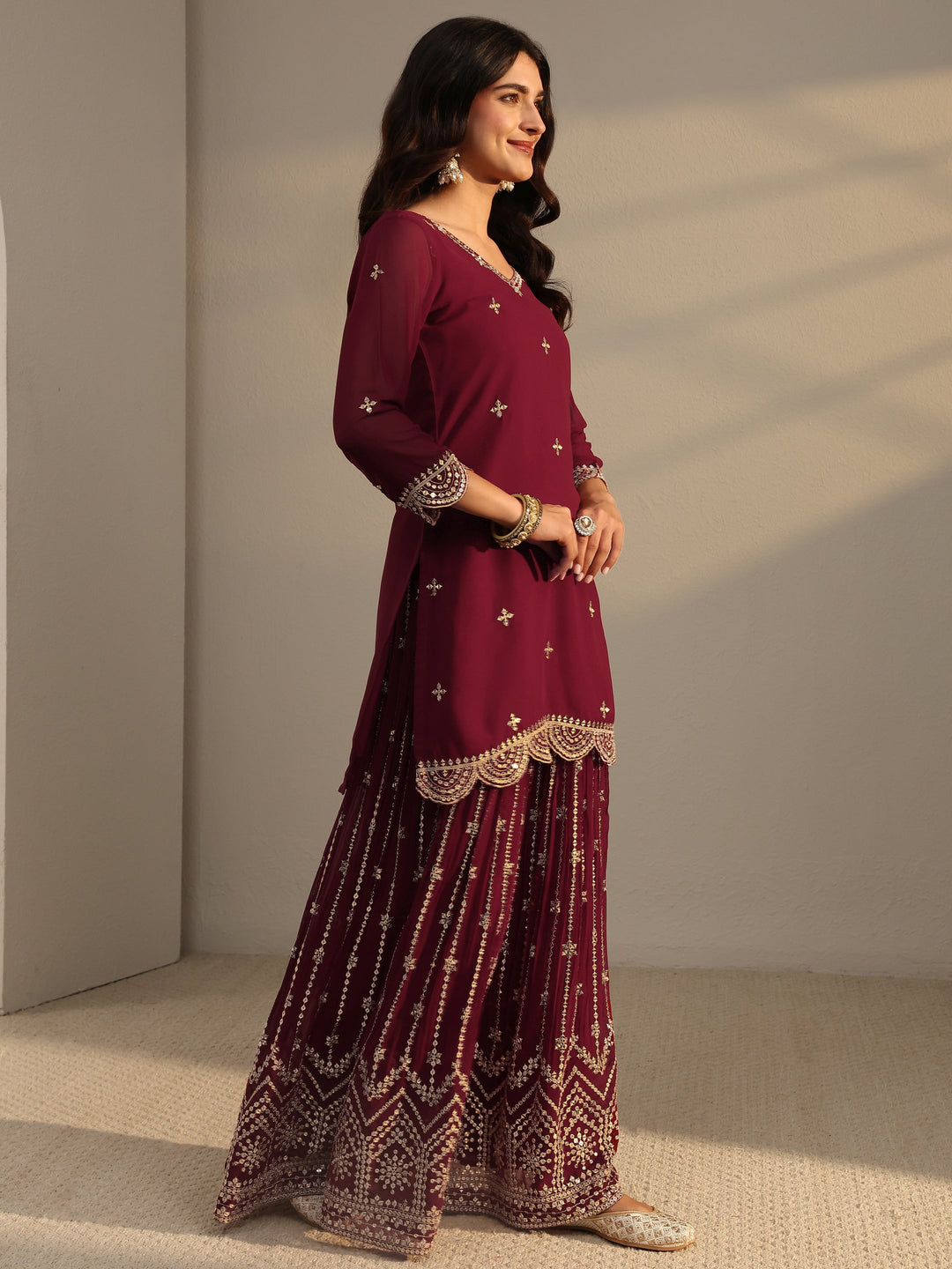 Libas Art Maroon Embellished Georgette Sharara Suit Set With Dupatta